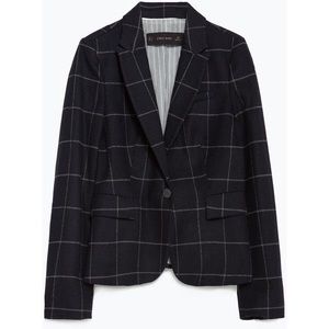 🌿ZARA Navy Wool Check Windowpane Blazer